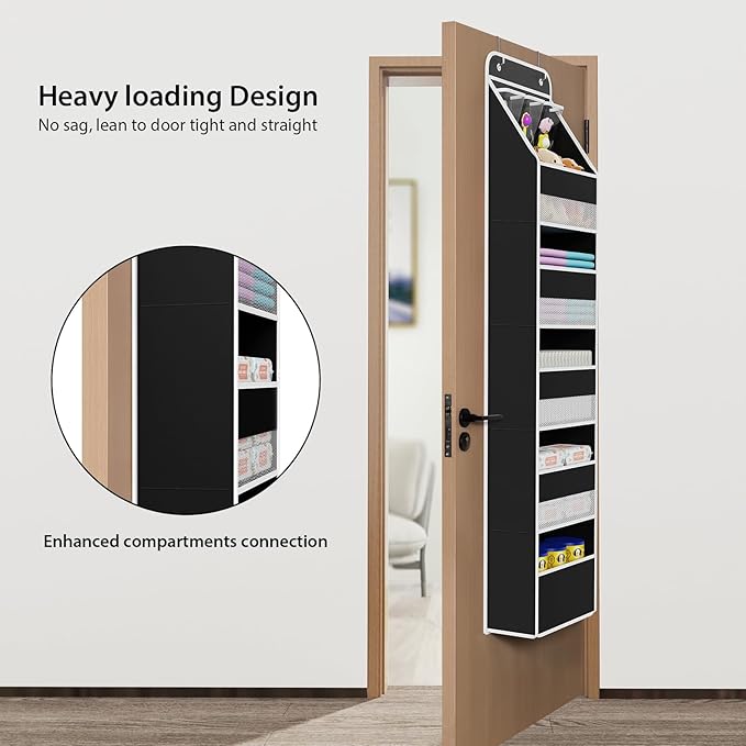 Univivi 6-Shelf Over Door Hanging Organizer, Fabric Baby Door Storage with 5 Large Pockets and 3 Small PVC Pockets, Wall Mount Hanging Storage Organizers for Baby Essentials (Black)