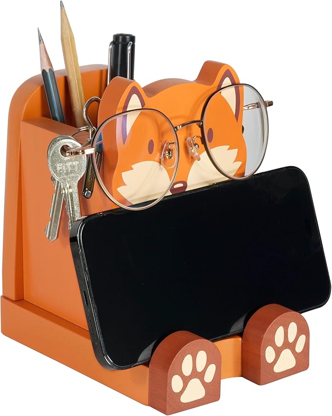 I'm a Solid Wood Multipurpose Eyeglass, Phone, Pen, and Pencil Holder Stand. I'm a Stationery Desk Box Organizer Accessories Decor, a Cute Home Office Desktop Decoration, and a great Birthday or Graduation Gift for Fox Lovers. (Fox)