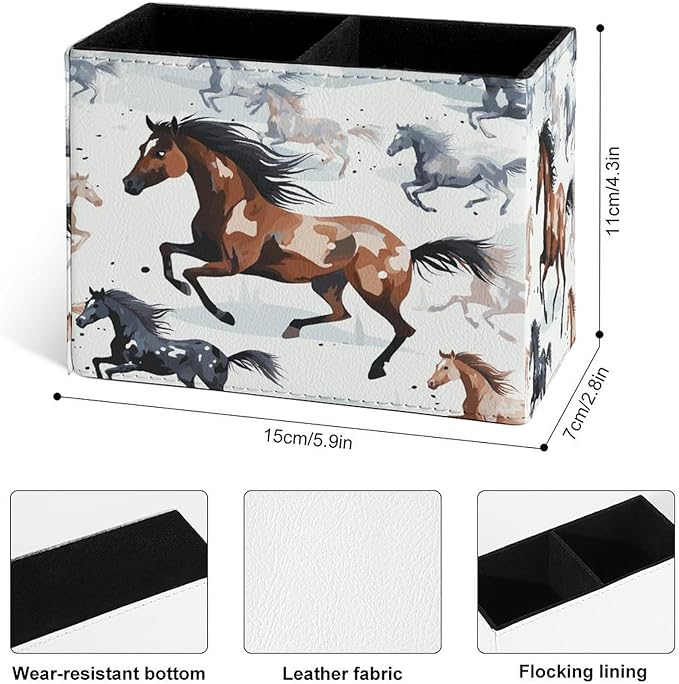 Famame Running Brown Horse on Snow Pencil Holder for Desk, Leather Desktop Container Pen Cup Storage Study Table Pen Organizer Makeup Brush Holder for Classroom Office Home