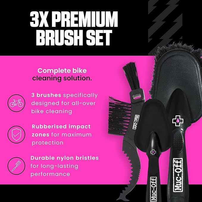 Muc-Off 220 3 Piece Premium Brush Kit - Includes 3 Bike Cleaning Brushes With Durable Nylon Bristles And Ergonomic Rubberised Handles To Minimise Impact