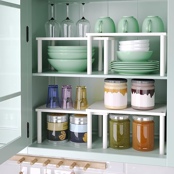 Cabinet Organizer Shelf (Set of 2), Kitchen Counter Shelves, Bamboo Spice Rack Countertop and Cabinet, Stackable Expandable, Medium (White)