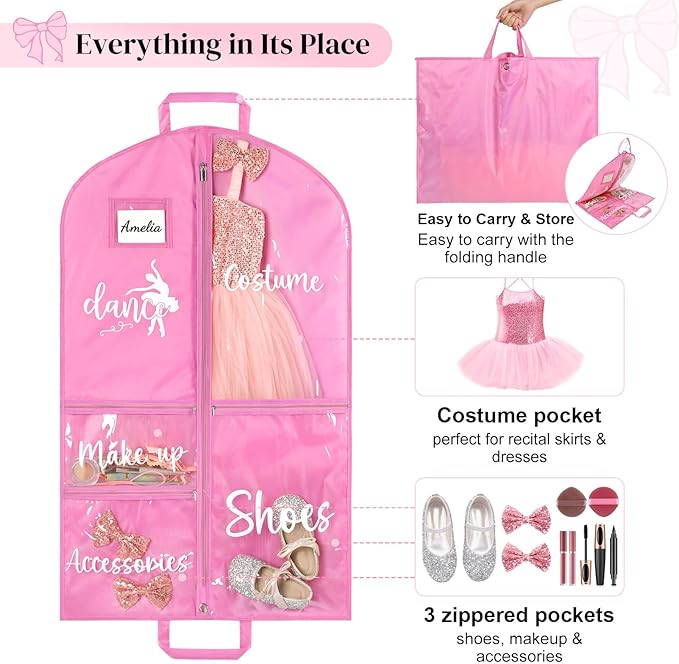 DEEKA Dance Garment Bag for Hanging Clothes with Zipper Pockets Dance Accessories Essentials Uniform Costume 40 Inch Dress Bags for Dance Competition Girls (Pink,White-Dance)