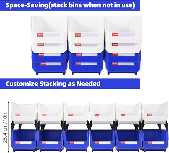 Shineyaplus Stackable Storage Bins 12 Pack (7x5x4 Inch), Plastic Stackable Storage Organizer Bins Wall Mounted Hanging Small Parts Bin for Garage, Workbench & Office (Blue & White)