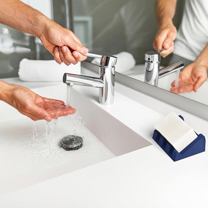 iSoapStone Silicone Soap Dish (USA Patented) Self Draining Bar Soap Holder for Shower Bathroom Sink, Drying Soap Dish Tray Kitchen Sponge Holder Easy Cleaning Soap Saver Mat (Midnight Navy, 2)