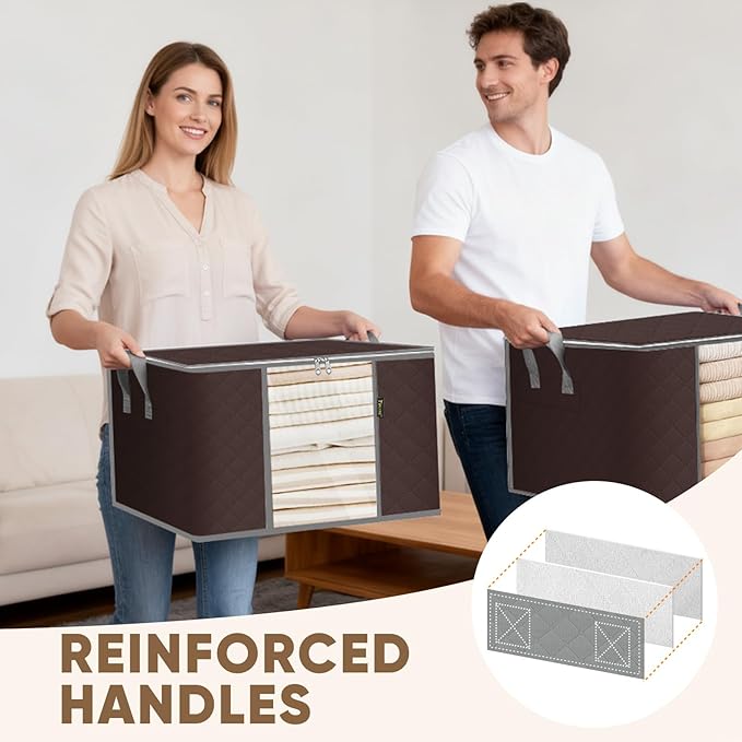BALEINE 2 Pack Clothes Storage Bags, 24 Gallon Storage Containers with Reinforced Handle, Sturdy Zipper, Closet Organizer for Blanket, Comforter, Pillow, Bedding (Brown, 2 Pack)
