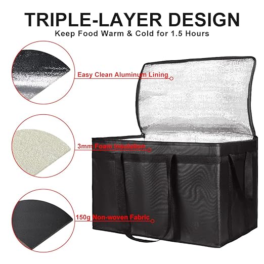2PK Insulated Food Delivery Bag, XXX-Large Insulated Grocery Bags, Cooler bags, Food Carrier Catering Bag, Commercial Food Warmer bag for Delivery Drivers, Black