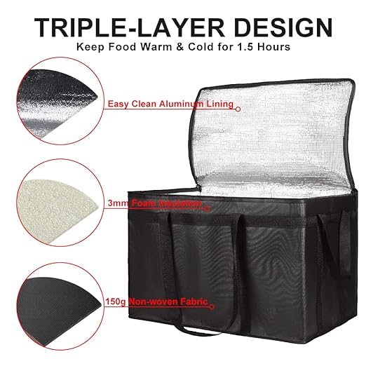 Insulated Food Delivery Bag, XXXL Insulated Reusable Grocery Cooler/Hot Bags, Tote Bag for Shopping/Travel/Doordash, Catering Bag Doordash 22x14x13, Black, 1-Pack