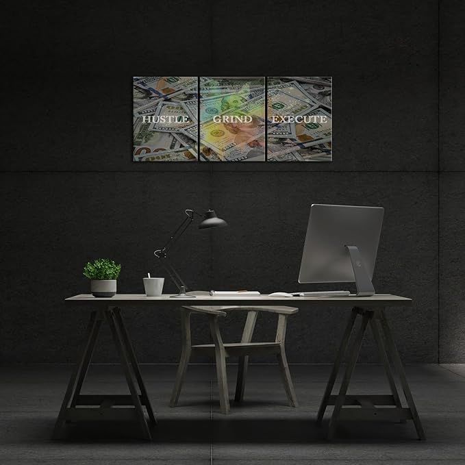 KAWAHONE Motivational Canvas Wall Art Hustle Grind Execute Wall Art Inspirational Posters Entrepreneur Quotes Prints Wall Decor Inspiring Success Decor For Office Bedroom Living Room