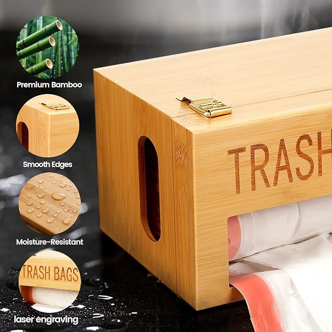 Libreshine Bamboo Garbage Bag Holder, Multi-Mount Space-Saving Trash Bag Organizer for Kitchen, Pantry, Holds 8-33 Gallon Rolls & 50+ Grocery Bags, Under-Sink/Wall-Mounted/Cabinet Storage