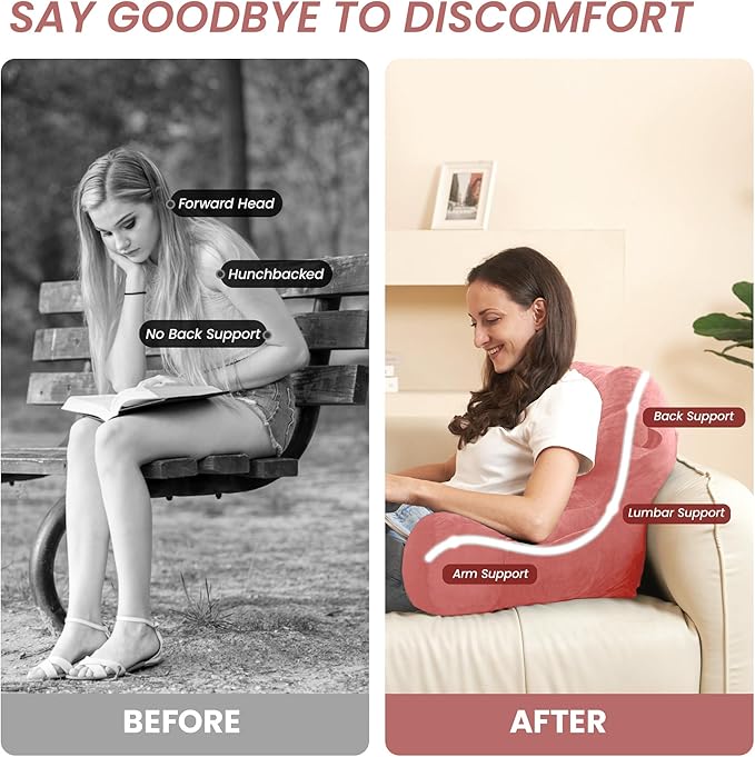 Portable Comfy Reading Pillows for Bed Sitting Up(Dark Pink Oeko-Tex), Velvet Back Pillow with Arms & Pockets for Adults, Support Memory Foam Bed Pillow for Dorm/Reading/Watching/Gaming