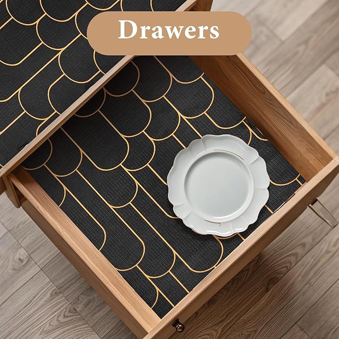 Shelf Liners for Kitchen Cabinets Drawer Liner 17.5in x 30FT Non Adhesive Black Gold Line Thickened Refrigerator Shelf Liner Paper Strong Easy to Clean for Tool Box with Knife and Tape Measure