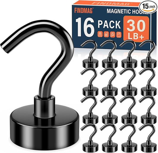 FINDMAG Black Magnetic Hooks, 30lbs Heavy Duty Magnets with Hooks, Strong Cruise Magnets, N52 Neodymium Magnetic Hooks for Cruise Cabins, Travel, Classroom, Office, Kitchen, Fridge, Grill, Pack of 16