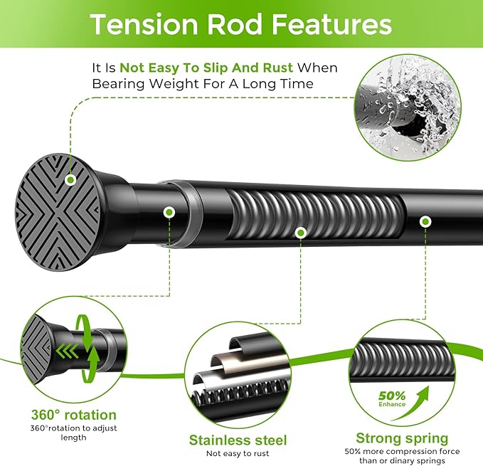 Tension Curtain Rod 32-64 Inch 7/8" Diameter Spring Loaded Curtain Rods No Drilling Adjustable Expandable Shower Curtain Rod for Bathroom Doorway Window Kitchen Closet, Black