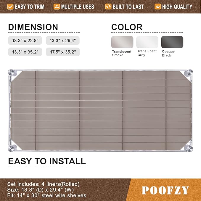 Poofzy Wire Shelf Liner 14" X 30", Non-Adhesive Plastic Shelf Liners for Wire Shelving, Waterproof Protector Mats (4PK, Gray)