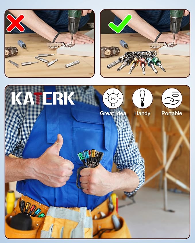 Katerk 6pcs 1/4 inch Hex Shank Aluminum Alloy Screwdriver Bits Holder 2 Sets, Light-weight Quick-change Extension Bar Keychain Drill Screw Adapter Change Portable (With Black Carabiner)