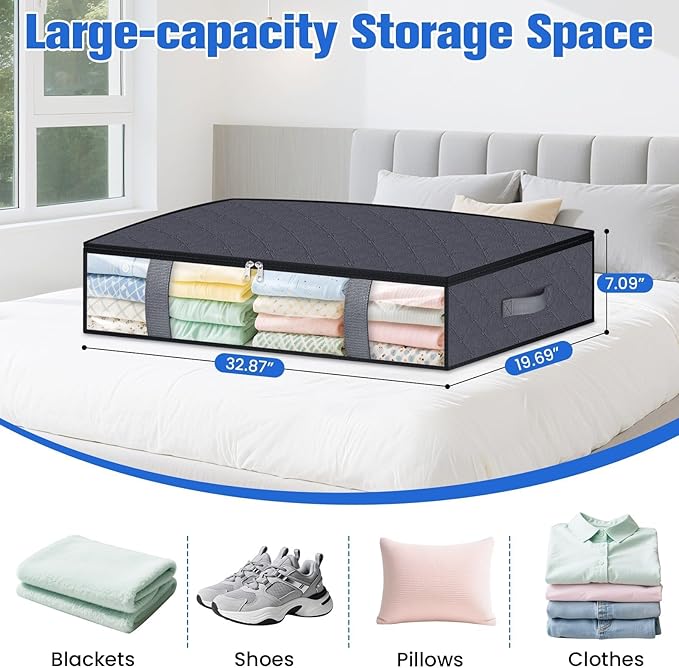 Under Bed Storage Containers, 8 Pack Blanket Storage Bags, Collapsible Storage Bags with Big Zippers, Clear Front, Shoe Storage and Organization for Clothes, Comforter, 75L, Grey