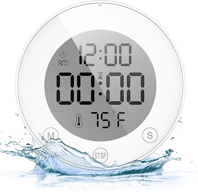 KADAMS Shower Clock Waterproof Bathroom Timer – Digital Wall Clock with Countup & Countdown, Magnetic Kitchen Clock with Temperature, Suction Cup for Kids Shower Spa Sauna Cook Bath, White