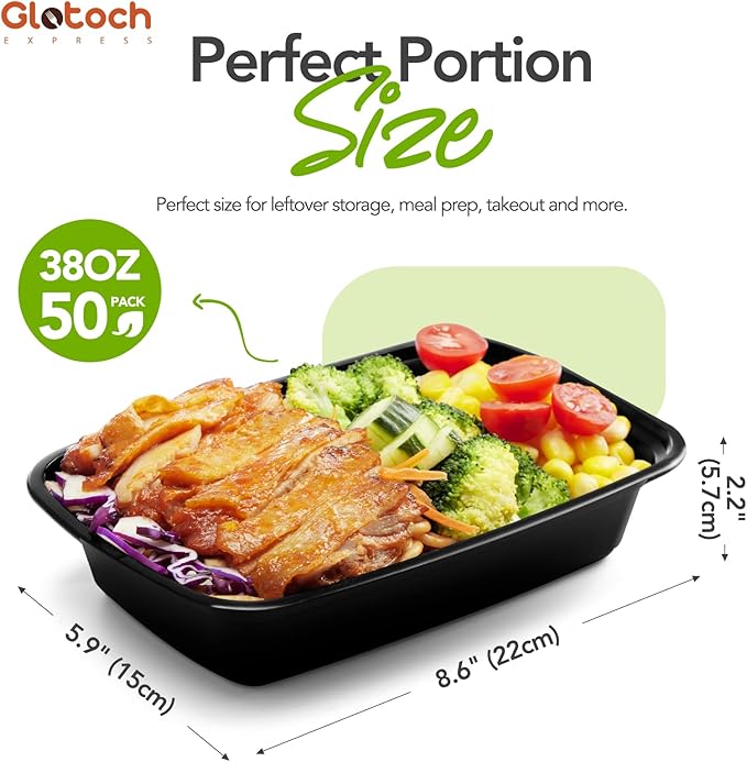 Meal Prep Containers 38oz-50 Pack (100-Piece) Reusable Large Food Storage Containers with Lids Microwave, Freezer, Dishwasher Safe - Leakproof & BPA Free Durable Plastic Bento Box for To Go Take Out