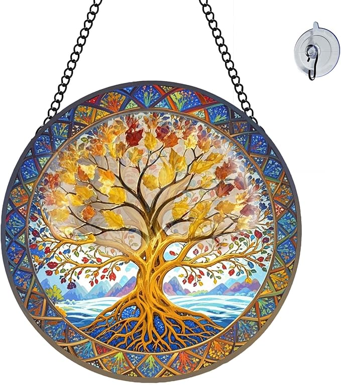 Tree of Life Suncatcher 8 Inch Stained Glass Window Hanging Diamond Chain Hooks – Indoor/Outdoor Window Wall Art Home Décor -Gift for Women Men Valentine's Day Thanksgiving Ornaments Festival Gifts