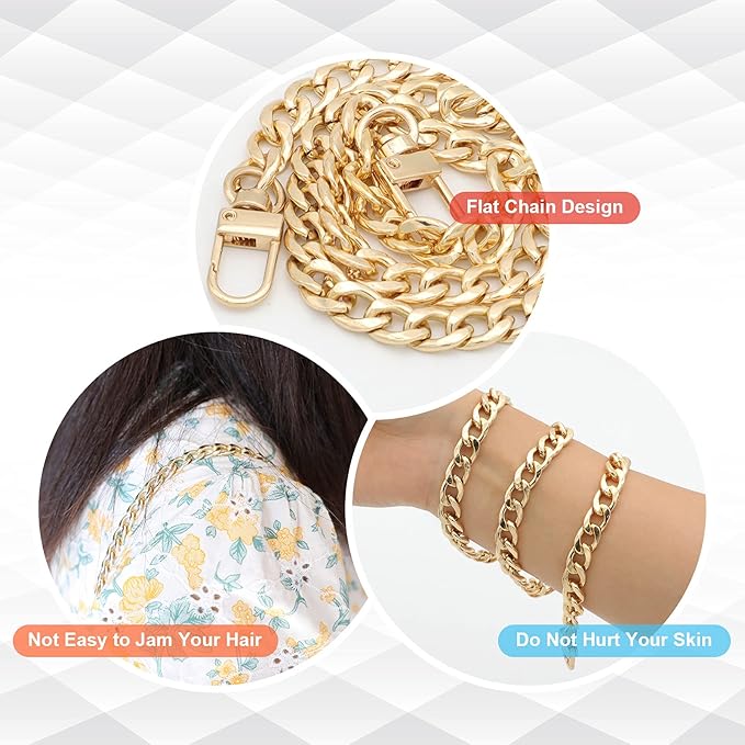 Gold Purse Chain Strap, 43.3 Inch Replacement Bag Strap, Metal Braided Chain for DIY Handbag Shoulder Crossbody Bag