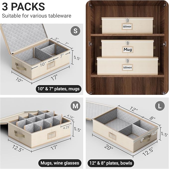 MISSLO Large Capacity China Storage Containers Hard Shell Plate Storage Containers, Kitchen Packing Moving Boxes for Dishes, Dinnerwares, Mugs Protectors, Beige, 3 Piece Set