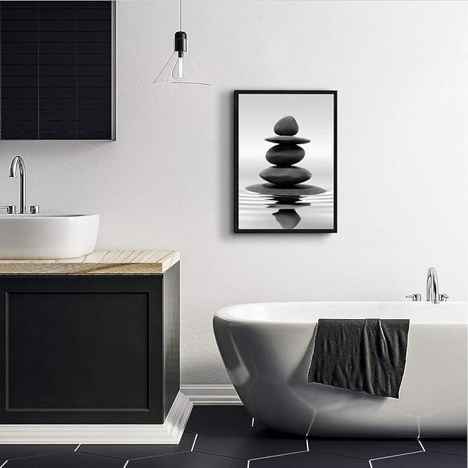 DCMVJHZV Framed Black and White Bathroom Wall Art Zen Stones in the water Bathroom Wall Art Yoga Meditation Picture Wall Decor Spa Room Bedroom Living Room Wall Painting Print (12"x16")