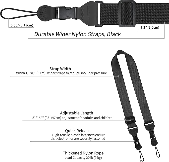 Adjustable Shoulder Strap, Nylon Camera Strap, Comfortable Neck Strap for iPad, Cellphone Tablet, Camera, Laptop, Binocular, Luggage Bag (Black Universal Lanyard)