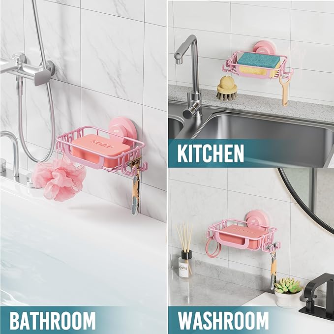 TAILI Soap Bar Holder Dish with Hooks, Shower Soap Tray Saver Suction Cup with Razor Holder for Wall, Rustproof Stainless Steel Bath Shampoo Caddy for Bathroom Accessories Organizer, Pink