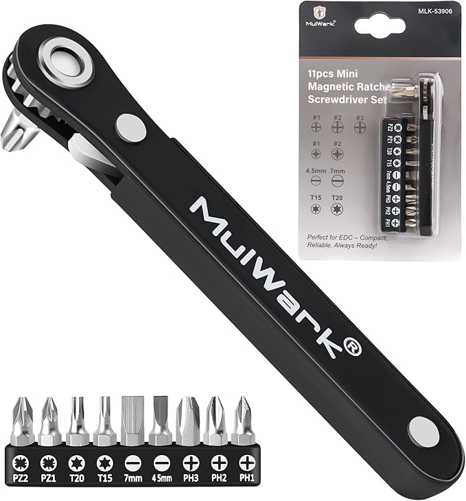 MULWARK 11-Piece Small Screwdriver Set, 1/4" Right Angle Screwdriver with Multi Bits - Ultra Low Profile Offset Driver for Automotive Repair, Electrical Work, Bicycle & Household Maintenance EDC Kit