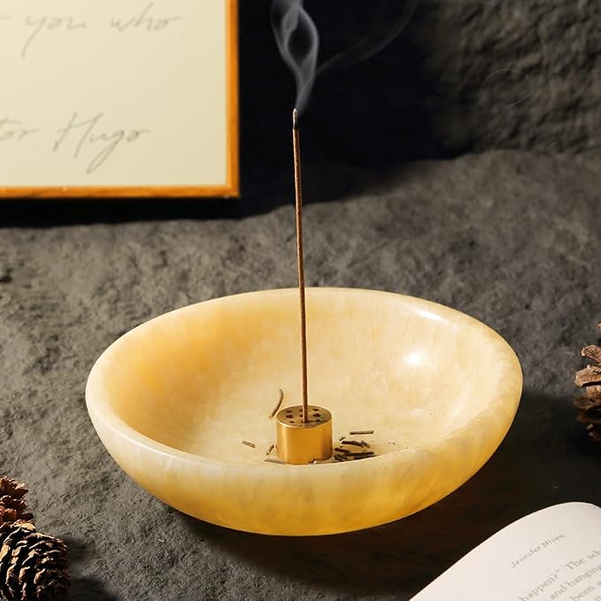 Koville Natural Onyx Incense Holder, Incense Holder for Sticks with 9 Holes, Handmade Incense Burner Ash Catcher for Meditation Yoga SPA, Balsam Fir/Palo Santo/Sage/Cone Incense Bowl(Orange)