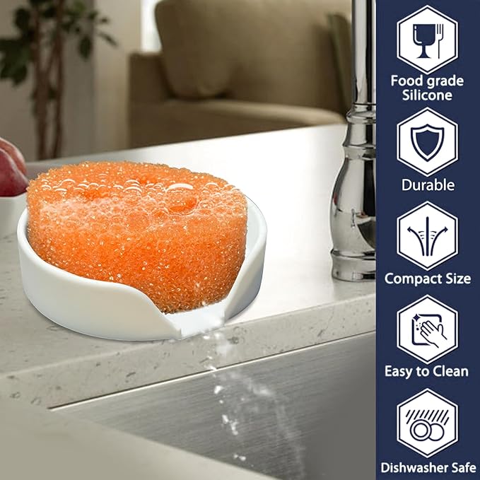 Sponge Holder for Scrub Daddy with Suction Cups and Drain Spout Kitchen Sink Caddy Organizer, Soap Dish Holder Accessories Rack, Dishwasher Safe - 4.7"x4.7", Marble White