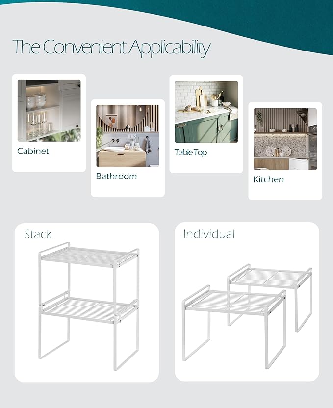 Shantton 2 Pack Kitchen Cabinet Shelf Counter Organizer Rack Pantry Storage Bathroom Bedroom Office Table Desk Space Saving Stackable Rust Resistant Non Slip White Tall Wide L13.1in W10.6in H9.5in