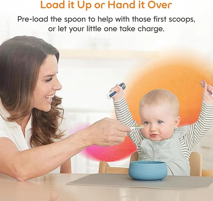 NumNum Baby Spoons Set, Baby Essentials Pre-Spoon GOOtensils for 6+ Months, First Stage Self-Feeding Spoons for Baby Led Weaning (BLW), Silicone Toddler Utensils, BPA-Free, 2 Pack Blue/Yellow