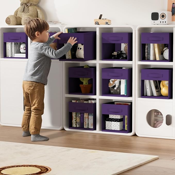 DIMJ Storage Cubes, Cube Storage Bin, 8 Pack Foldable Baskets with Window, Closet Storage Bins with Handle, 11x11 inch Storage Cubes for Clothes, Toys, Books (Purple)