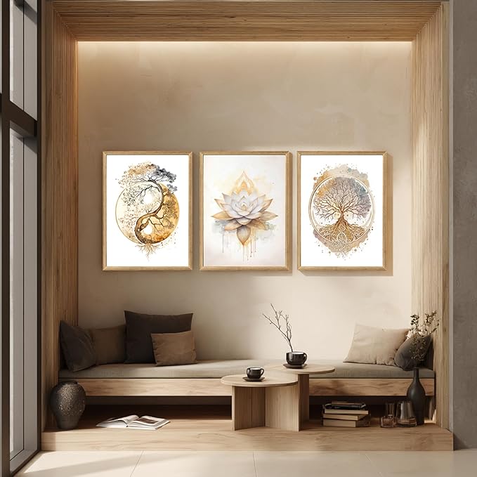 GELDSTEI Tree of Life Wall Art, Calming Zen Wall Decor, Abstract Yin Yang Tree Canvas Painting, Modern Gold Lotus Flower Meditation Poster Print for Living Room Yoga Room Bedroom Wood Framed 12"x16"x3