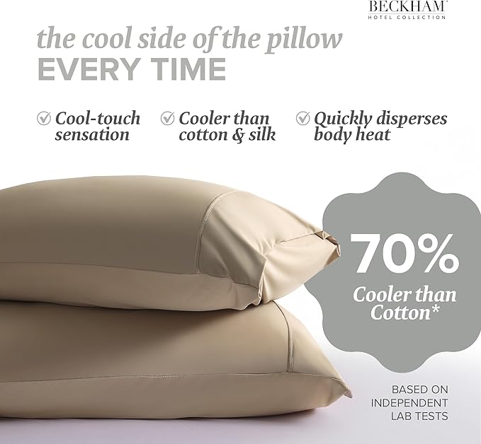 Beckham Hotel Collection Cooling Pillowcases for Hot Sleepers, King Size Set of 2, Cool Bedding, Envelop Closure, Silky Soft, Breathable, Moisture-Wicking, Sand