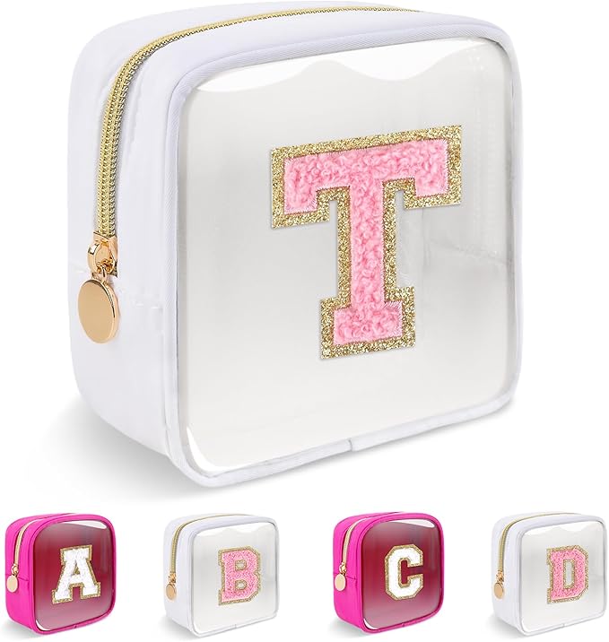 Personalized Initial Letter Clear Preppy Makeup Bag, Mini Nylon Chenille Letter Cosmetic Bag, Cute Zipper Pouch Purse for Teen Girls, Portable TSA Approved Beach Travel Essentials Bag, Gift for Women, T