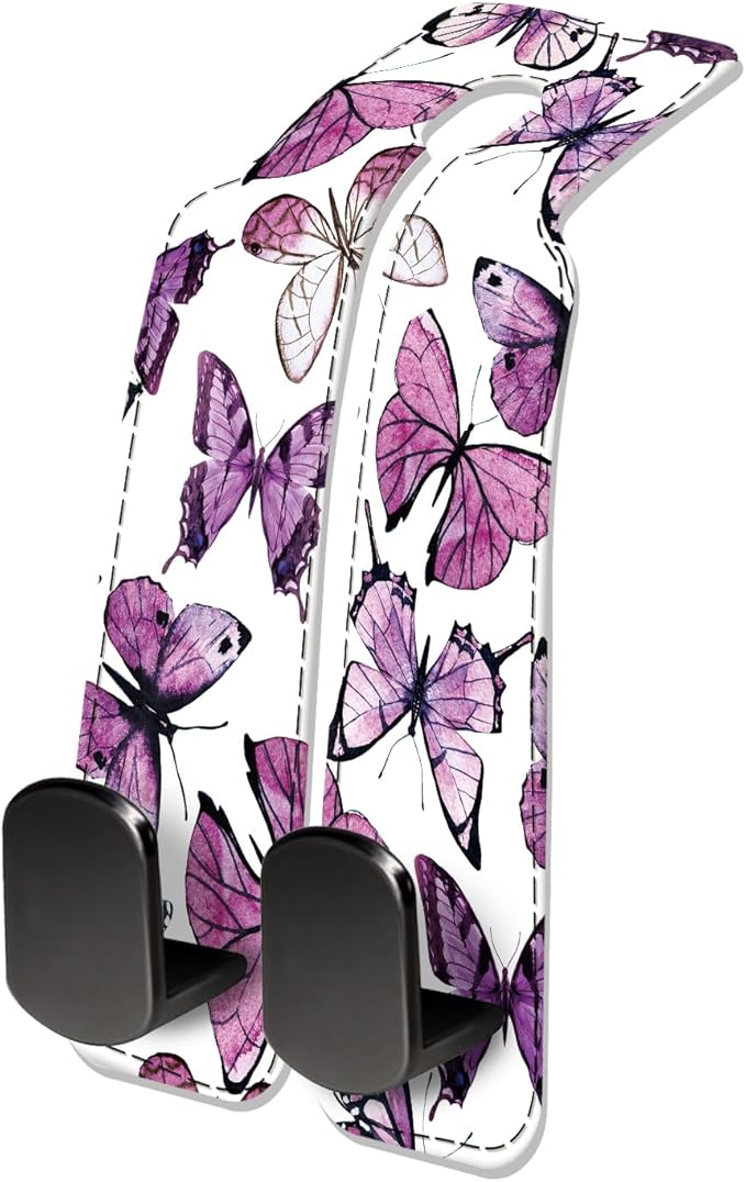 NUGGHU Car Seat Headrest Hook, Universal Leather Cute Hanger Holder Hook, Storage Organizer Interior Accessories for Purse Bags Handbag Luxury Purple Butterfly