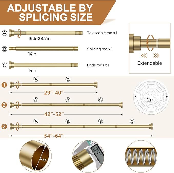 AIZESI Gold Tension Curtain Rod 30-63Inch, 2PCS Spring Tension Rod No Drilling, Non-Slip, Adjustable, Tension Rod For Windows, Doorway, Bedroom
