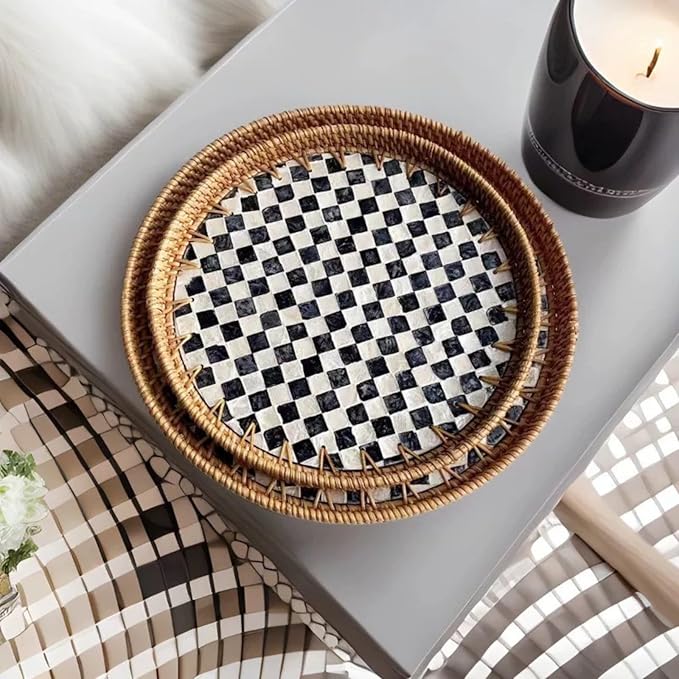 12" Large Rattan Serving Tray with Mother of Pearl, Decorative Coffee Table Trays for Home Decor, Large Wicker Woven Serving Tray Decor for Kitchen Counter,Living Room and Ottoman, Black1