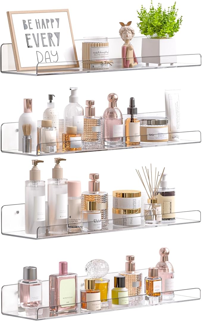 upsimples Acrylic Shelves for Bathroom Storage, 15" Floating Shelves Wall Organizer for Perfume, Makeup, Skincare, Kids Bookshelf for Bedroom, Nursery, Living Room Decor, Clear, 4 Pack