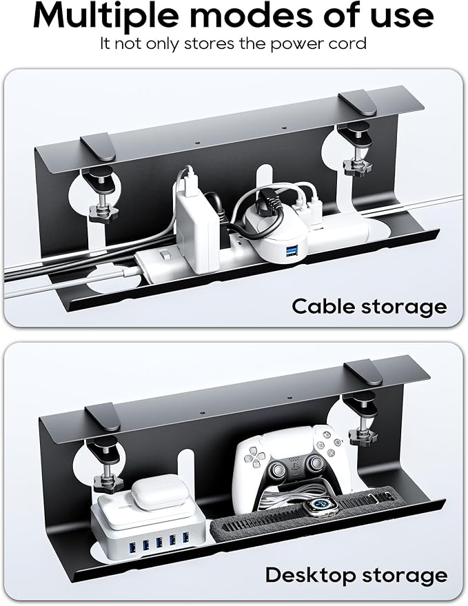NODOCA No Drill Under Desk Cable Management Tray, 17'' Wire Management, Punch-Free Clamp-On, Metal Cable Tray, Wire Organizer Under Desk, Under Desk Basket for Office and Home, Black (2 Packs)