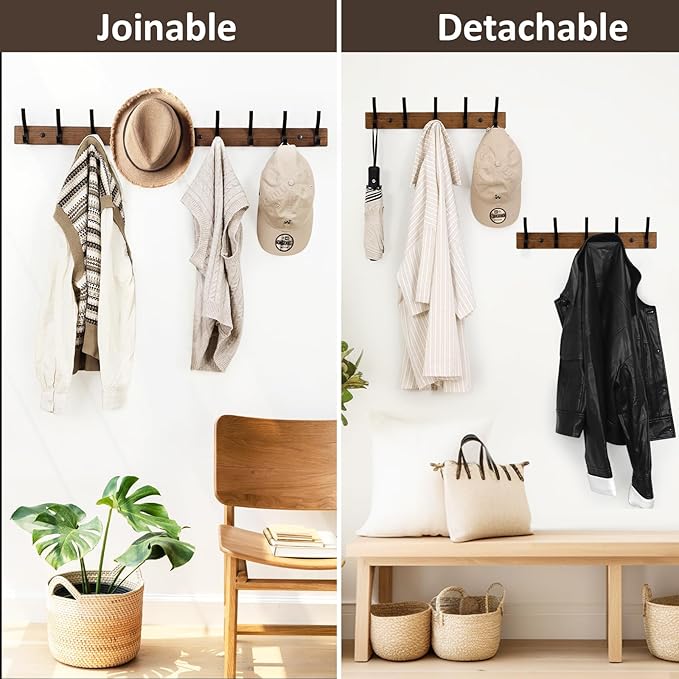 Coat Rack Wall Mount, 16.5 Inches Wood Coat Hooks Wall Mount, Wall Coat Rack with 5 Hooks, Hat Rack Wall Hooks for Hanging Coat, Bag, Towel (2Pack, Brown)