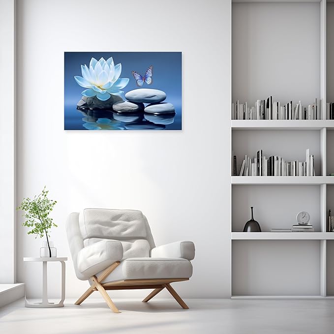 ARTZGX Blue Zen Wall Art Lotus Flower Canvas Spa Stone Pictures for Bathroom Wall Decor Meditation Butterfly Painting Frame(Zen - A 12.00" x 18.00")