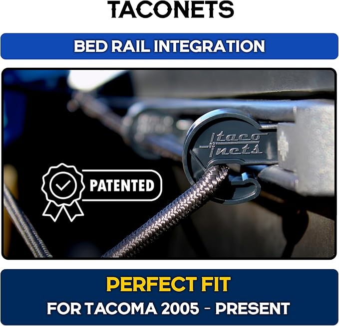 TacoNets Cargo Net for Toyota Tacoma Long Bed - Fits 2005-2025 - Patented Bed Rail Integration - Heavy Duty 8mm Premium Bungee 3'x5' Cargo Netting - Designed in USA