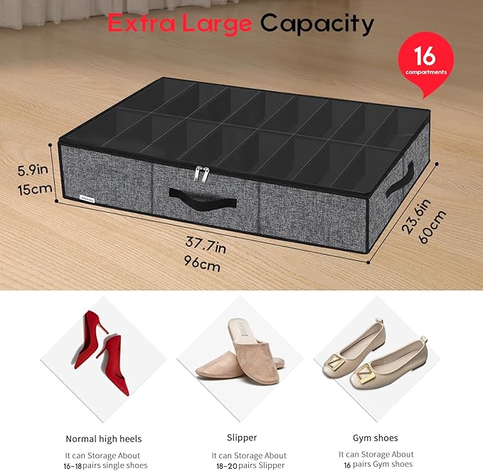Onlyeasy Sturdy Under Bed Shoe Storage Organizer with Handles and Clear Window, Fits 16 to 32 Pairs, Premium Foldable Shoe Container Box for Closet, 37.7x 23.6x 5.9 inch, Cotton-like Black, MXBUBS16P2