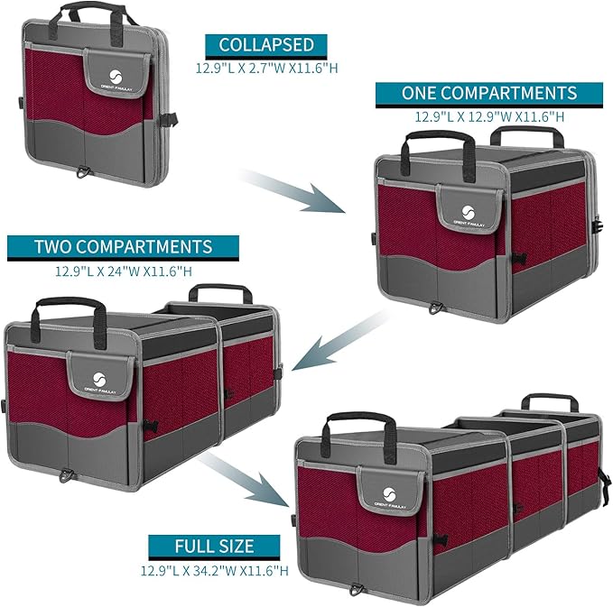 Trunk Organizer with Cooler, Collapsible Trunk Storage Container with Non-Slip Bottom Strips, Large Multi-Compartment Waterproof Car Trunk Organizer for Groceries, for Vehicle Sedan, SUV, Van (Wine Red)