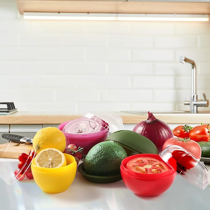 Vegetable and Fruit Storage Containers for Fridge, 4 Pcs BPA Free Reusable Food Saver - Tomato, Avocado, Onion, Lemon Keeper Holder - Refrigerator Vegetable Crisper for Keeping Food Fresh Longer