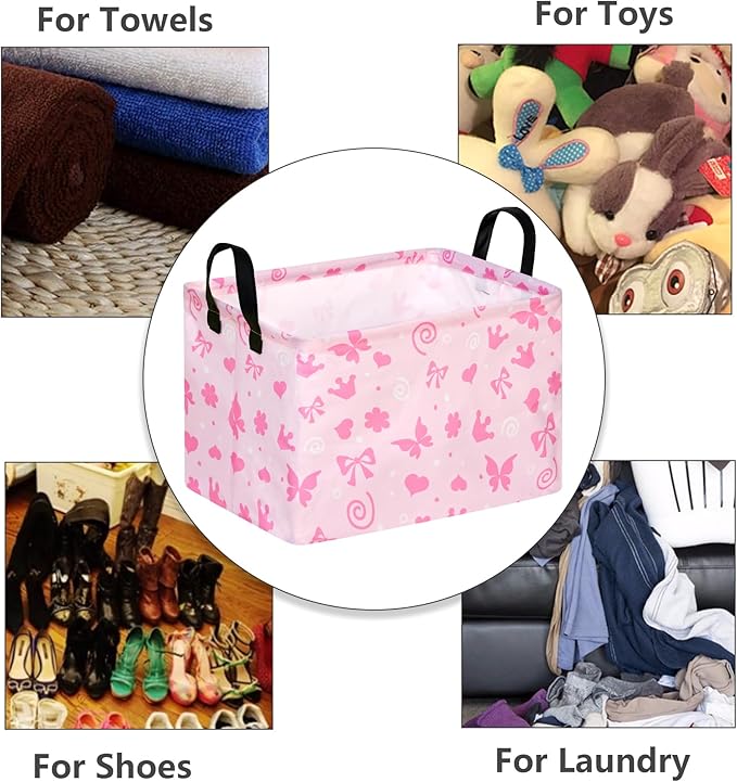 MAIZMZ Empty Gift Basket for Girls Heart Print Storage Cube for Women, Closet Shelf Waterproof Organizer Bins with Handles Nursery hamper Kids Toys Books Box Room Deco