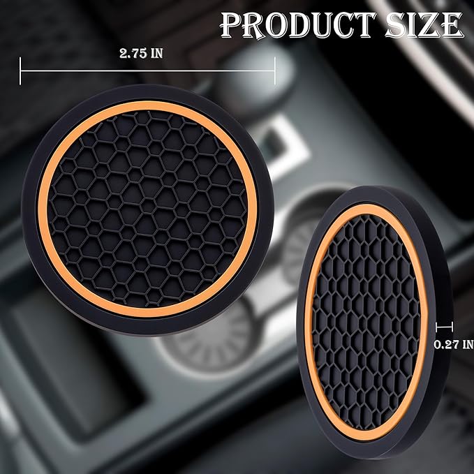 2-Piece Anti-Slip Car Cup Coaster Set – 2.75 Inch Auto Insert Drink Mats, Perfect for Coffee & Beverages – Stylish Interior Decor for Women & Girls (Black & Orange)